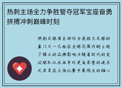 热刺主场全力争胜誓夺冠军宝座奋勇拼搏冲刺巅峰时刻