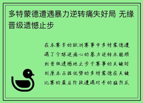 多特蒙德遭遇暴力逆转痛失好局 无缘晋级遗憾止步