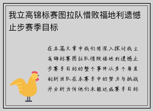 我立高锦标赛图拉队惜败福地利遗憾止步赛季目标