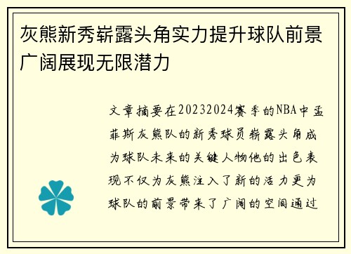 灰熊新秀崭露头角实力提升球队前景广阔展现无限潜力