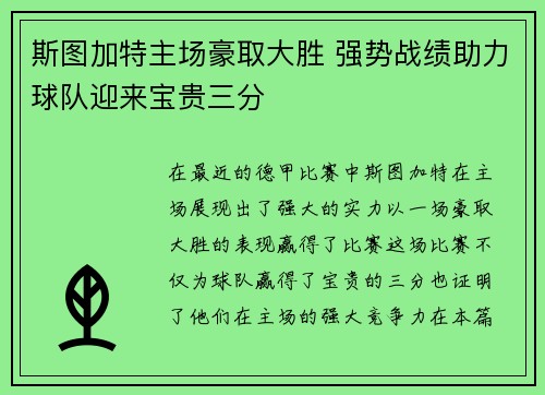 斯图加特主场豪取大胜 强势战绩助力球队迎来宝贵三分