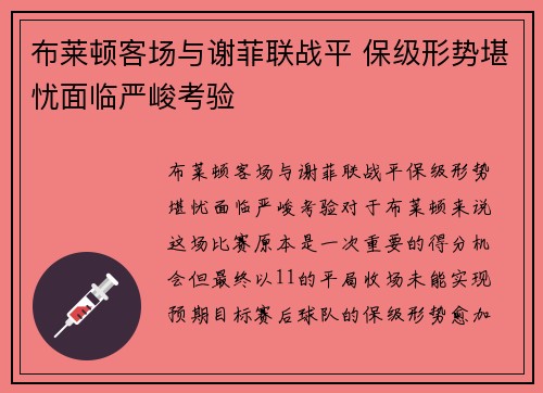 布莱顿客场与谢菲联战平 保级形势堪忧面临严峻考验